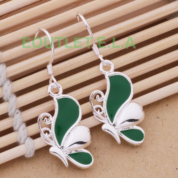 35mm CUTE GREEN ENAMEL BUTTERFLY SILVER EARRINGS